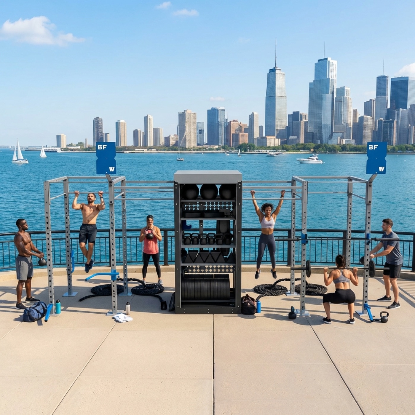 Concept render of a CityRig outdoor strength station on the Chicago lakefront